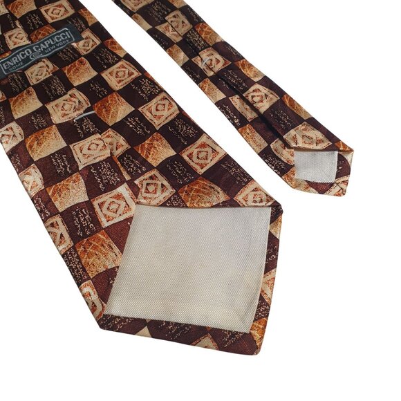 Enrico Capucci Geometric Necktie Brown Beige Checkered Design 100% Polyester Mad - Picture 5 of 5